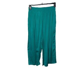 Zara Teal Green Pleated Wide Leg Culottes Elastic Waist Chiffon Pants Sz Medium